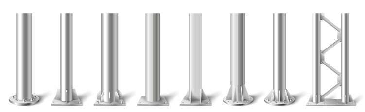 Metal pole pillars set, steel pipes of different diameters bolted on round base