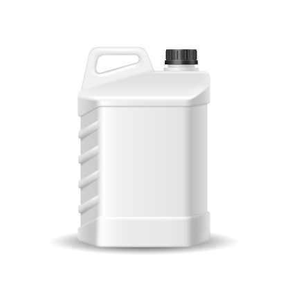 White plastic canister with blank label, realistic mockup. Jug container with handle and screw cap template. Large bottle package for liquid soap or cleanser. Vector illustration