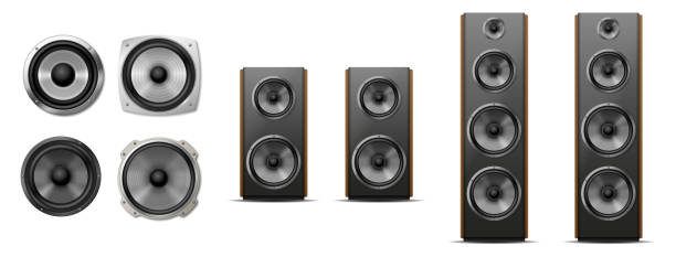 Set of different sound speakers, subwoofer, acoustic audio for concert or home cinema stereo system vector art illustration