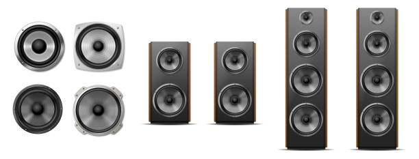 Set of different sound speakers, subwoofer, acoustic audio for concert or home cinema stereo system Set of different sound speakers, subwoofer icons, acoustic audio systems for concert or party equipment, home cinema stereo system. Realistic 3d vector illustration music speaker logo stock illustrations