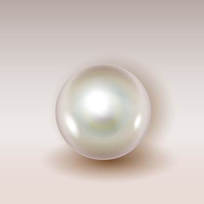 Realistic shiny natural white sea oyster pearl with light effects isolated on background with shadow. Beautiful 3d shining natural pearl for luxury accessories. Vector illustration