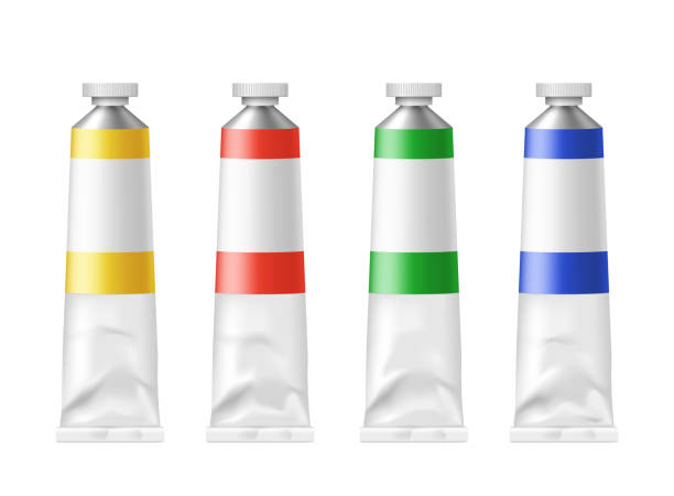 ilustrações, clipart, desenhos animados e ícones de conjunto de tubos de tinta com logotipo de modelo vazio. garrafas com tinta vermelha, amarela, verde e azul - color tube