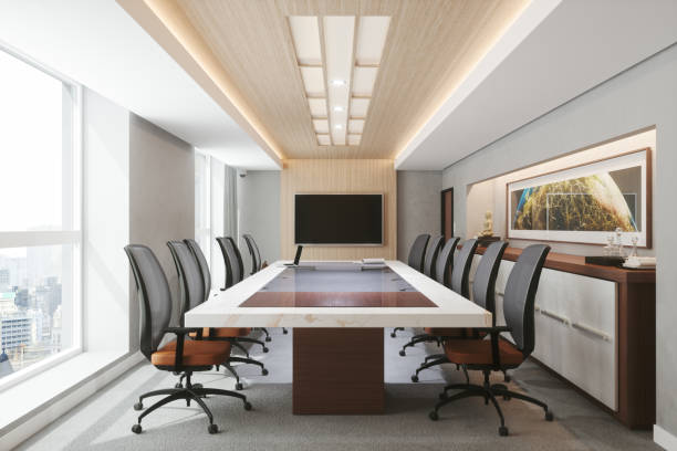 modernes büro-meeting room interior - board room business conference table window stock-fotos und bilder