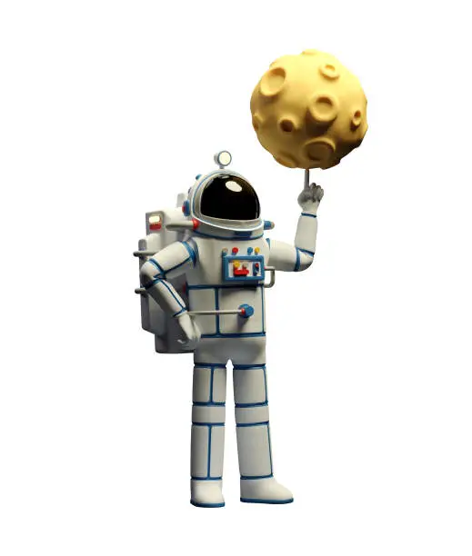 Isolated Spaceman in spacesuit twirls the moon on his finger. Astronaut and planet with craters - cartoon 3d illustration. 3D render.