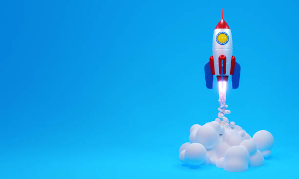 istock 3d rocket takes off with jet smoke on blue background 1362518608