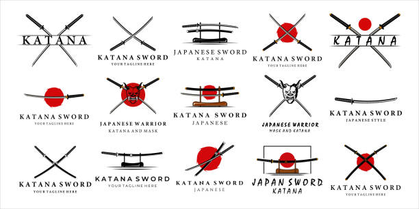 ilustrações, clipart, desenhos animados e ícones de conjunto de katana sword icon vintage vector ilustração design ícone do ícone do modelo. coleção de pacote espada japonesa de katana retrô com máscara de samurai e projeto de ilustração vetorial conceito moderno - blade war traditional culture japanese culture