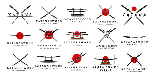 set of katana sword icon vintage vector illustration concept template icon design. bundle collection japanese sword of katana retro with mask of samurai and modern concept vector illustration design