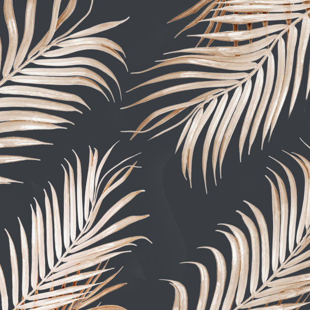 istock Light golden curved palm leaves pattern on dark background. 1362521014