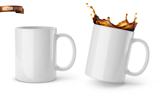 Vector realistic illustration of white ceramic mugs on a white background.
