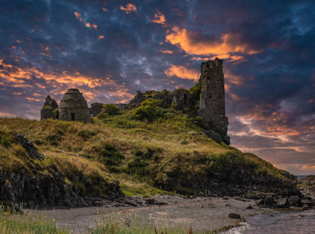 istock The Ancient Dunure Castle Ruins and Rugged Defences Crumbling Onto the Shore and a Dramatic Sunset. 1362525025