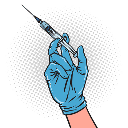 Hand holding syringe, comic style.