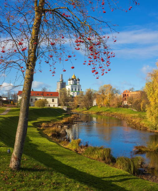 el antiguo kremlin de la ciudad de pskov en el río velikaya. - cathedral russian orthodox clear sky tourism fotografías e imágenes de stock