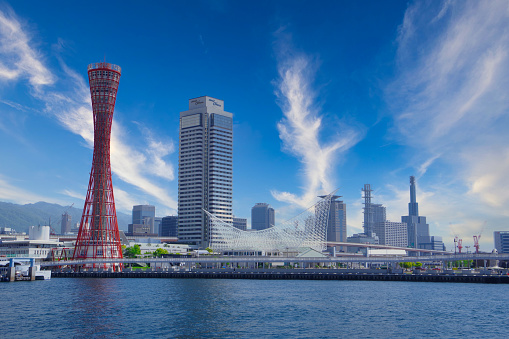 Kobe, Japan- May 6, 2021: This is the scenery of Kobe Port on a sunny day in Japan.
