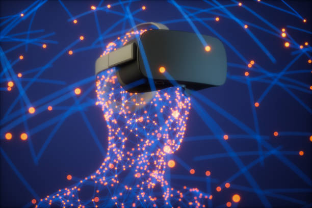 3D Plexus Man With Red Connection Dots Wearing VR Glasses. Metaverse And VR Concept.