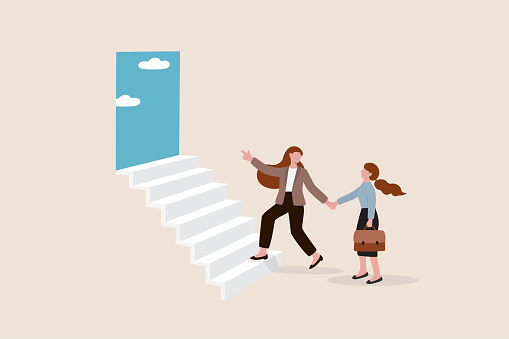 Employee encouragement, manager advice, guidance, stairway to success or new opportunity, career development concept, supportive businesswoman manager encourage employee to step on stair to success.