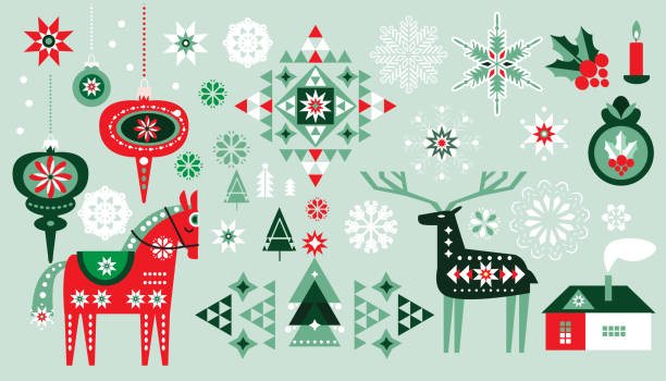 Merry Christmas Happy New Year festive web banner  Holiday winter nordic background Merry Christmas Happy New Year festive web banner  Holiday winter nordic background  Vintage scandinavian deer, tree, ball, snowflake  and geometric shapes. Vector flat cute illustration nature calendar stock illustrations