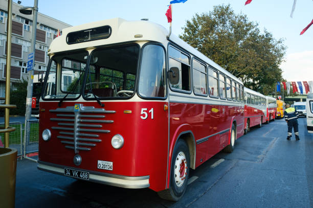 side view of vintage passanger bus bussing used from 1927 to 1992. editorial shot in istanbul turkey. - bussing imagens e fotografias de stock