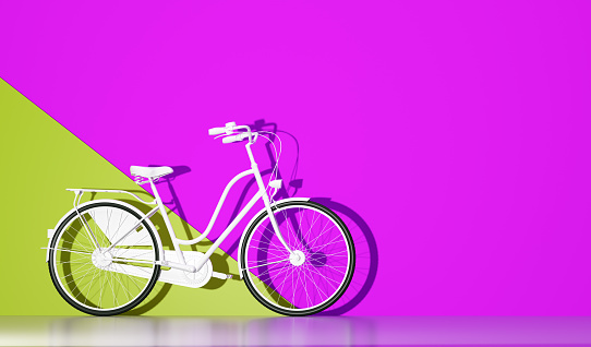 White bicycle on colorful wall background. 3D illustration
