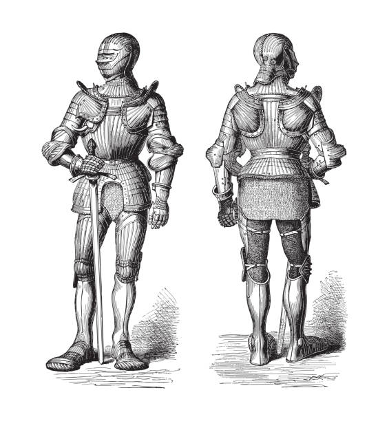 рыцарские доспехи (cuirass) - винтажная гравированная иллюстрация - battle dress stock illustrations