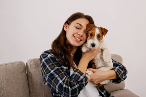 istock Young brunette woman with small breed dog. 1362532798