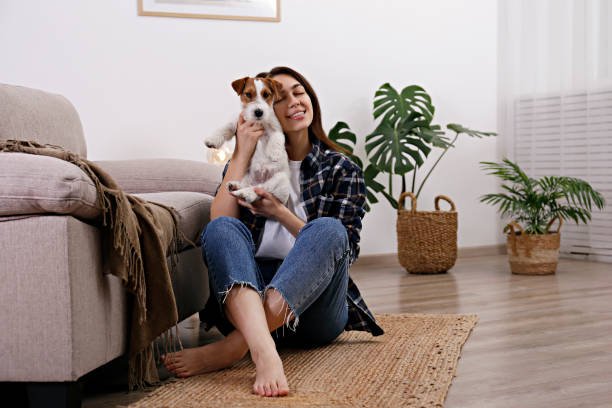 istock Young brunette woman with small breed dog. 1362532887