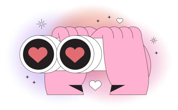 hands hold binoculars and look through them. eyes with red hearts full of love. vector illustration for dating application or valentines day. outline vector element for web, ui or application design. - aşk bulma sitesi illüstrasyonlar stock illustrations