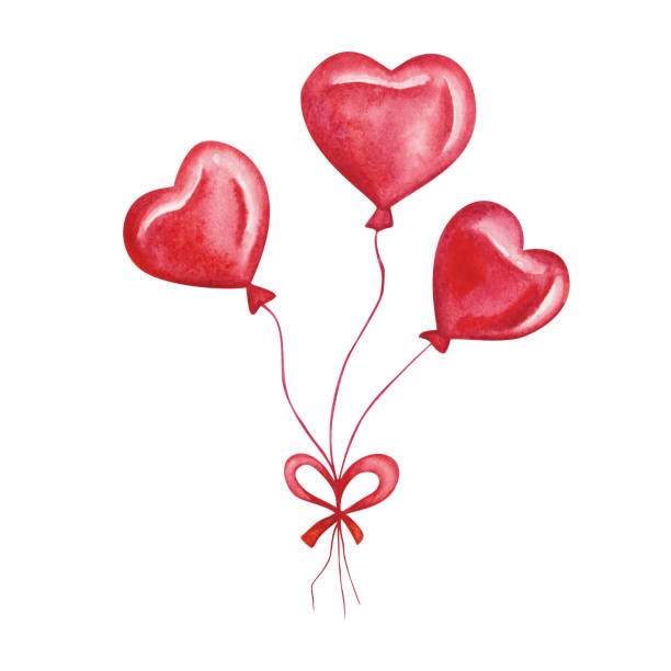 akwarelowa ilustracja ręcznie malowanych czerwonych balonów powietrznych w kształcie serca z kokardką izolowaną na biało. element projektu clipart na pocztówkę urodzinową, zaproszenie na ślub. karta miłosna na walentynki - heart shape line art valentines day love stock illustrations