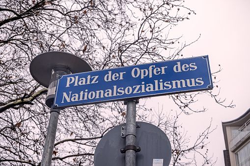 Road sign marking the memorial place for the victims of the German Nazi regime in the German city Munich, which is the capital city in Bavaria