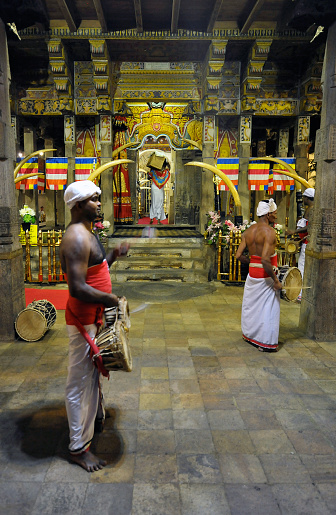 Tooth Relic Ceremony with drummers in ceremonial dress near the golden inner sanctum, Temple of the Sacred Tooth Relic, Kandy, Sri Lanka, South Asia. Sri Lanka, formerly Ceylon, is a  beautiful warm tropical island off the south eastern coast of India with a rich history of Sinhalese kingdoms and a mixture of faiths including Hindu Buddhist and Tamil as well as Dutch and British colonial influences. It has a wealth of birdlife and wildlife including many endangered wild animals.