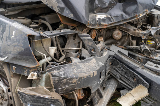 istock Close up view of black car getting an accident with broken bumper. Crashed vehicle after accident on road in city. 1362538636