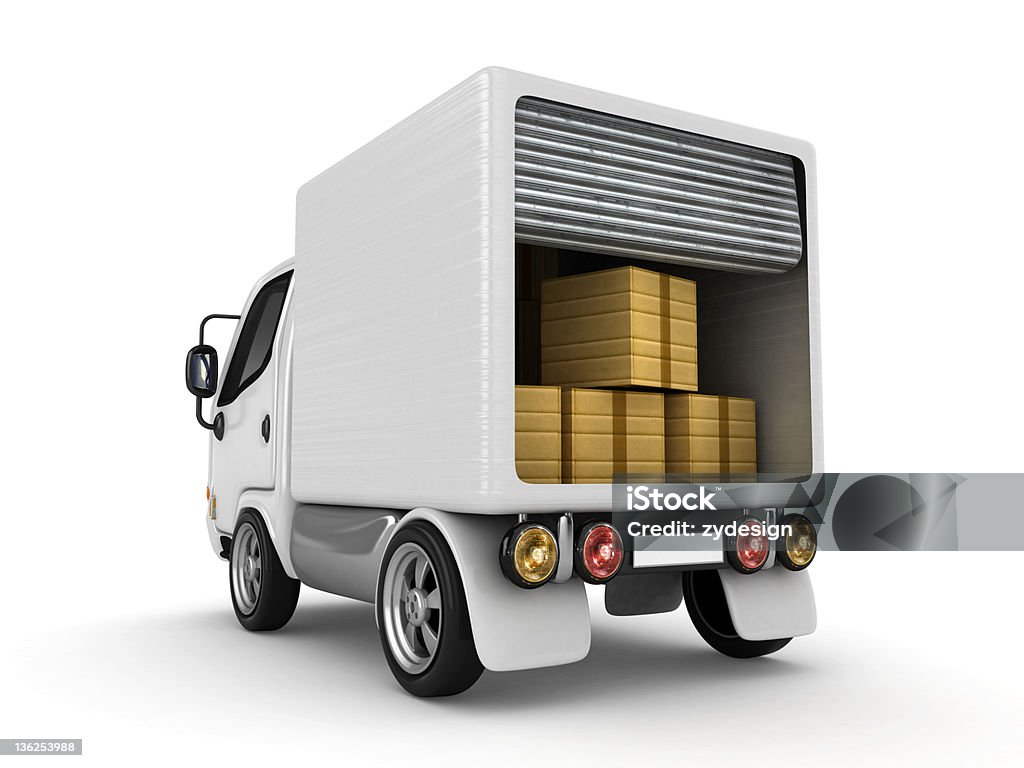 White van White van with cardboard boxes 3d rendered Delivery Van Stock Photo