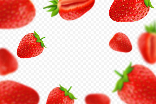ilustrações de stock, clip art, desenhos animados e ícones de falling juicy ripe strawberry with green leaves isolated on transparent background. flying defocusing strawberry berries. applicable for juice advertising. vector 3d realistic illustration. - backgrounds berry close up dessert