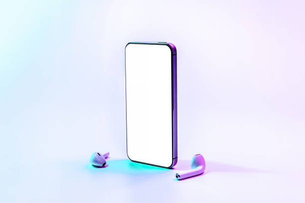 istock Screen mockup. Mobile smartphone technology blank screen. Mock up smart phone device, audio headphones on neon gradient banner. Game design, mobile application presentation or portfolio mockups. 1362542565