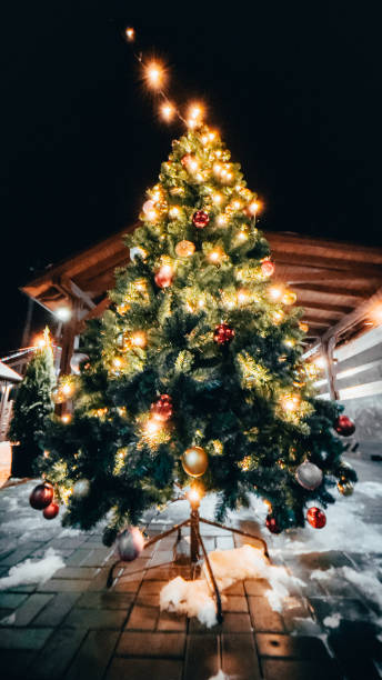 istock Christmas tree with beautiful lights on the street. Bottom wide-angle shooting 1362543930