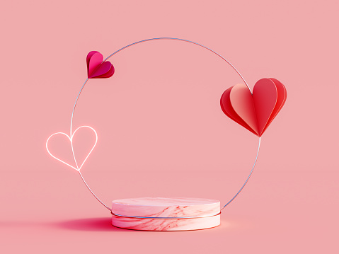 Valentine's day mock up podium with heart decoration on pink background 3D Rendering, 3D Illustration