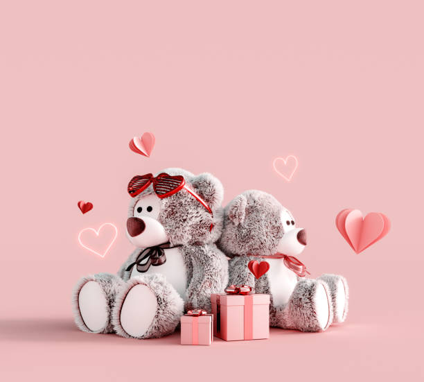 Teddy bear couple with gifts and hearts on pink background Teddy bear couple with gifts and hearts on pink background 3D Rendering, 3D Illustration heart shape valentines day fur pink stock pictures, royalty-free photos & images