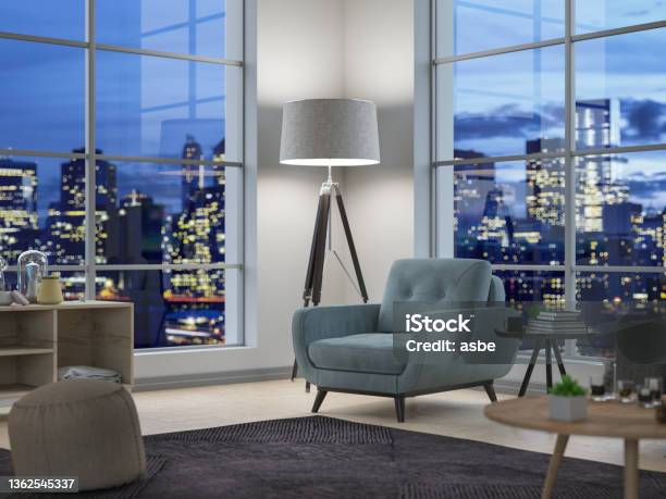 Modern Living Room At Night Stock Photo - Download Image Now - Living Room, Night, Three Dimensional