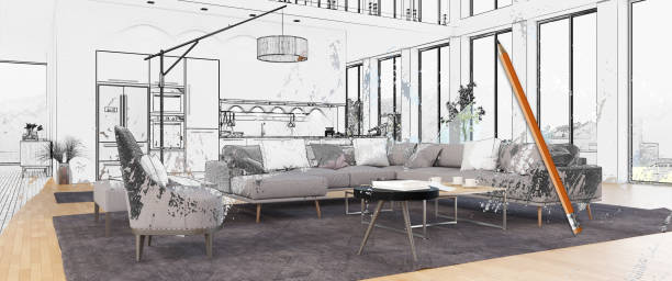istock Half Drawing Sketch Modern Living Room Interior 1362545991