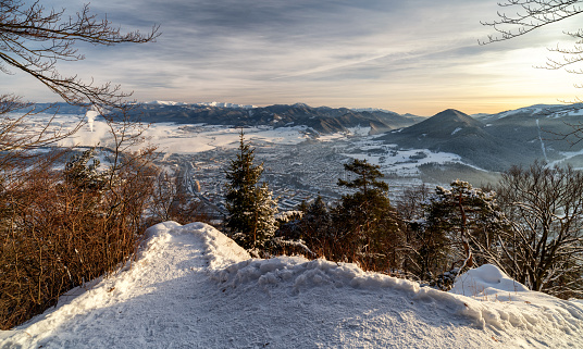 Beautiful winter country landscape. View from hill Cebrat in Great Fatra mountains on town Ruzomberok at SLovakia.Beautiful winter country landscape. View from hill Cebrat in Great Fatra mountains on town Ruzomberok at Slovakia.