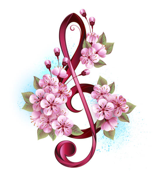 Treble clef with sakura Pink treble clef with delicate, detailed pink Japanese cherry blossoms against white background painted over with light blue paint. Blooming pink sakura. pink flowering dogwood stock illustrations