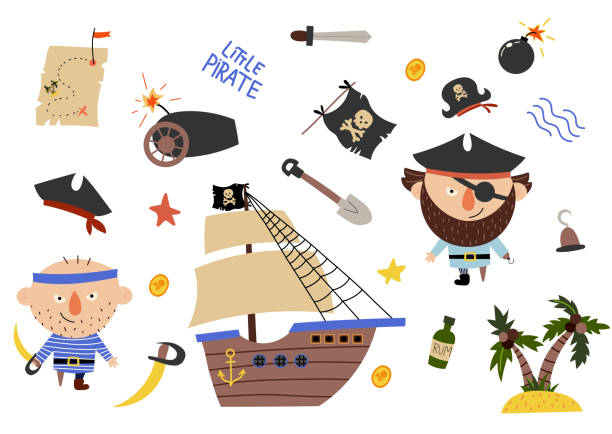 Lovely pirate set in cartoon style Lovely pirate set in cartoon style. Sweet card with pirates, ship,  rum, anchor, treasure,  island. Awesome background in bright colors sailor hat stock illustrations