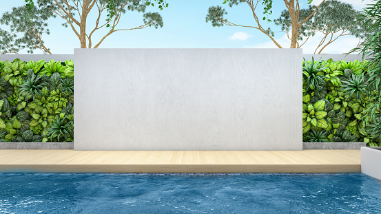 Empty Concrete Garden Wall with Pool. 3D Render