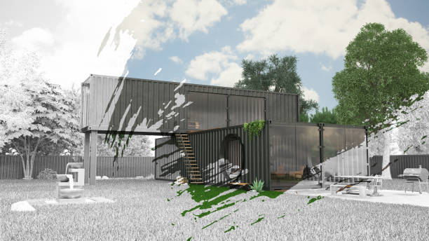 istock Half Drawing Sketch Modern Container Villa Tiny House Exterior with Garden 1362548211