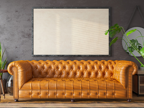 Leather Chesterfield Sofa with Mock up Canvas Frame. 3D Render