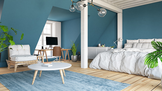 Loft Bedroom with Blue Walls. 3D Render