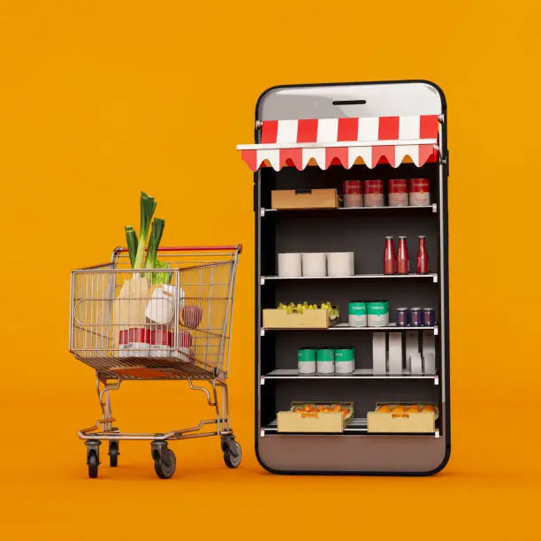 Photo of Food Market in Smartphone. Grocery Food Buying Online and Delivery app Concept