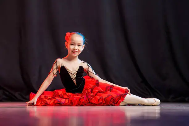 Photo of A little girl ballerina is dancing on stage in a tutu on pointe shoes with castanedas, the classic variation of Kitri.