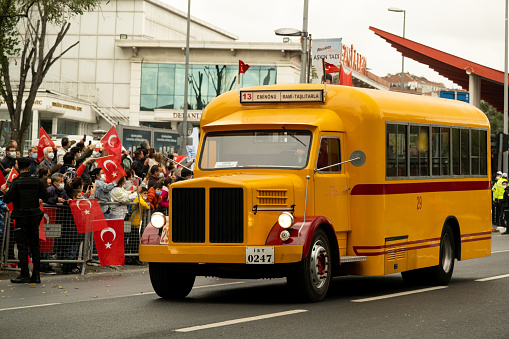 Istanbul, Turkey - October 29, 2021: Side view of vintage passanger bus SCANIA-VABIS produced in 1943 on the celebrations of republic day of Turkey.
