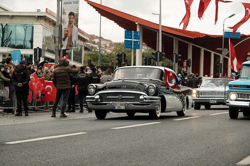 Istanbul, Turkey - October 29, 2021: Front view of a Buick Roadmaster black car which produced in 1955. Classic car parade on the republic day of Turkey.