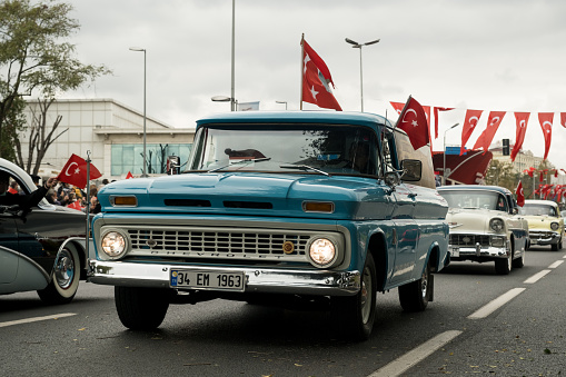Istanbul, Turkey - October 29, 2021: Chevrolet old pick-up truck in celebrations of october 29 republic day of Turkey.